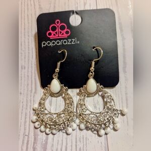 Paparazzi Silver and Cream Chandelier Earrings